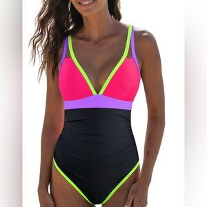 POPVIL One Piece Swimsuit Women’s Size M Neon Plunging Neckline Tie Back Sexy